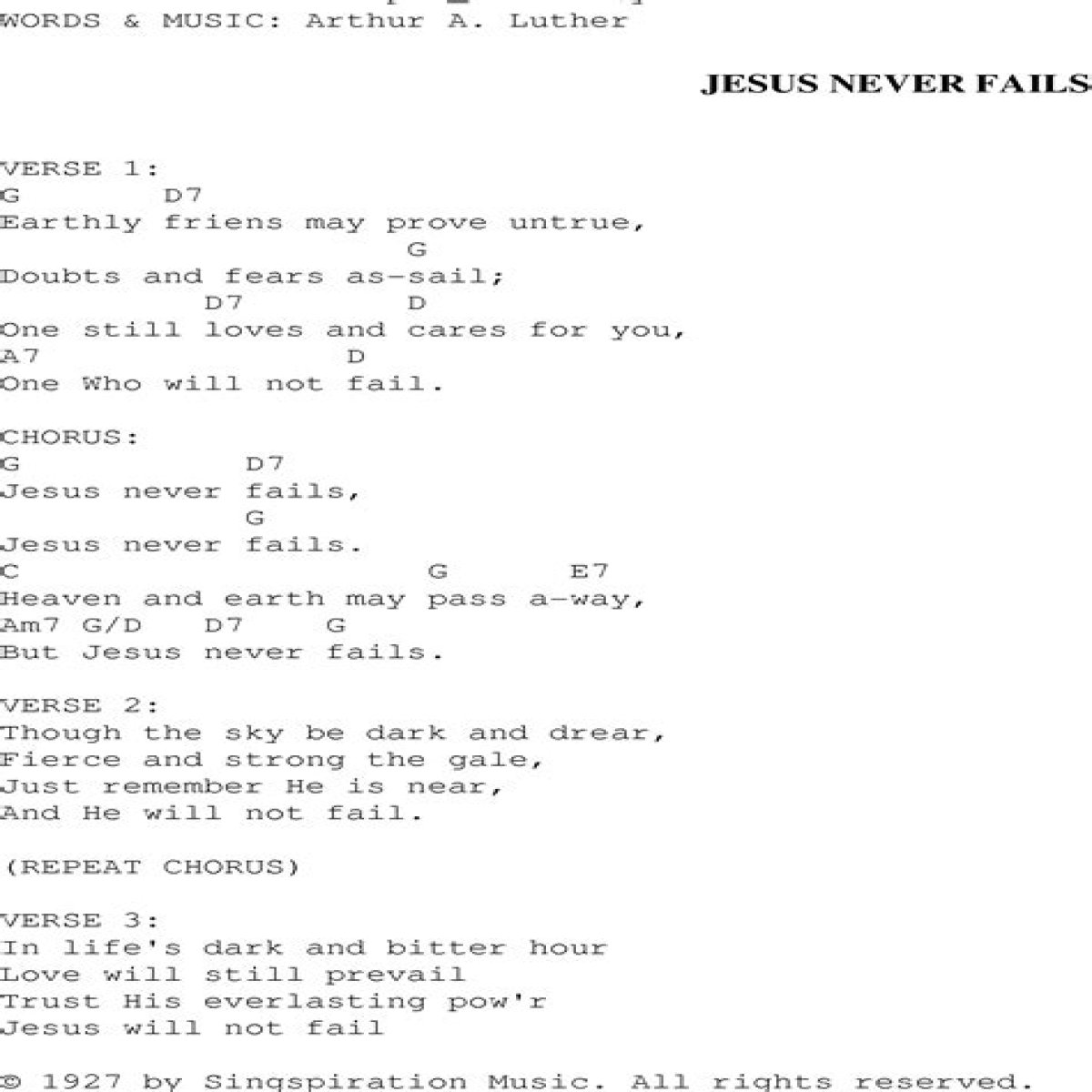 God never fails and chords lyrics